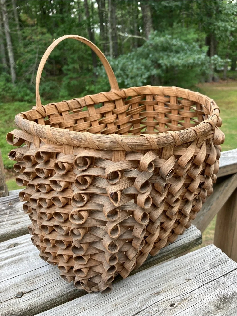 Mid 20th-Century Ash Splint Curly Weave Basket Porcupine Maine